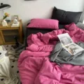 Parure de lit unie en coton lave et brosse avec housse de couette rose pour decoration chambre - Coton lavé - rose framboise et noir / Draps-housses simples 150x200 cm