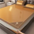Summer Ice Silk Mattress Cover Fitted Sheet Breathable Mat with Pillowcases Soft Foldable Dormitory - Triangle Embroidered Double-Sided Rattan Mat - Brownish Yellow - Fitted Sheet Style
