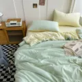 Parure de lit unie en coton lavé, menthe et jaune bicolore pour une décoration de chambre chaleureuse. - Coton lavé bicolore - menthe et fromage / Draps-housses simples 150x200 cm
