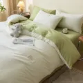 Cotton bedding set green white duvet cover sheet soft cozy bedroom home textile decor - Solid Color Two-Tone Washed Cotton Set - Apricot Yellow & Olive Green / 150*200cm Single Duvet Cover