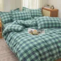 Katoenen gewassen ruitjes dekbedovertrek set, zacht minimalistisch beddengoed thuis. - 100% Gewassen katoenen vierdelige set Xisifang Athens ruit - Groen
