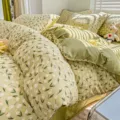 Green floral cotton bedding set, soft double layer yarn duvet cover for home dorm. - White Litchi Green - Class A Jacquard Double Gauze / 1.2m Flat Sheet 3-Piece Set