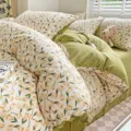 Floral cotton duvet cover set with yellow tulips and green reversible design for cozy bedroom. - White Lychee - Class A Jacquard Double Gauze (Premium) / 1.2m Flat Sheet 3-Piece Set