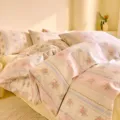 Cotton floral bedding set, sweet pink stripe duvet cover and pillowcase for student dorm room. - 100% Cotton 40S Bedding Set - DO Nanzhi / 1.2m Cotton 3-Piece Sheet Set - 150x200 Cover