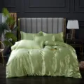 Juego de cama de seda de hielo verde salvia funda de edredón suave y fundas para dormitorio - Verde Ámbar / Sábana bajera de seda de hielo 120x200cm