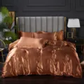 Juego de funda nórdica de seda de hielo lisa, ropa de cama bronce lujosa, suave. - Café Claro / Sábana bajera de seda de hielo 120x200cm