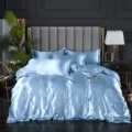 Juego de cama de satén de seda azul claro funda de edredón de lujo fundas suaves. - Azul claro / Sábana bajera de seda de hielo 120x200cm