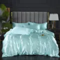 Lujo juego de cama satén seda de hielo color sólido verde claro funda nórdica fundas - Aguamarina / Sábana bajera de seda de hielo 120x200cm