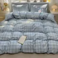 Blue plaid cotton bedding set soft duvet cover with pillowcases cozy bedroom decor style. - August Morgan