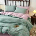 Parure de lit 4 pièces en double gaze de coton à fleurs vertes style chambre cosy - Rêve Peint Bleu-Violet