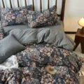 Parure de lit 4 pièces en double gaze jacquard, housse de couette florale, drap et taies - Lolita Bleu-Violet