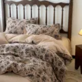Parure de lit 4 pièces en double gaze de coton jacquard motif floral vintage housse couette - Admiration Bleu-Violet