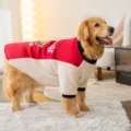 Warm winter dog fleece sweater for golden retriever, red and white color block pet clothing. - 3XL (Suggested Weight 10-15kg) / Beige-Red Colorblock