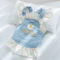 Blue denim pet dress with daisy floral ruffles and cute flying sleeves for small dogs and cats - Rock Yellow