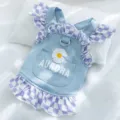 Spring summer cute puppy denim lace dress with daisy embroidery and purple check ruffles. - Seren Purple