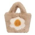 Khaki fluffy faux fur handbag with cute fried egg design, trendy winter plush tote bag. - Khaki