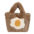 Brown fluffy handbag with cute fried egg design, soft plush tote bag for women daily casual wear. - Brown