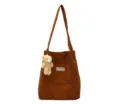 Korean style brown corduroy tote bag vintage casual shoulder bag with cute bear pendant - Single Bag (Without Pendant) / Brown