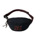 Black nylon fanny pack and chest bag featuring a brown strap and stylish front logo patch. - Black