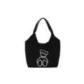 Black canvas tote bag for women, cute cartoon bear print, large capacity shoulder handbag. - Black