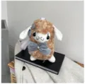 Cute cartoon fluffy alpaca plush crossbody bag with sweet gray bows for women and girls daily wear. - Khaki