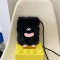Cute black plush crossbody phone bag with funny big lips and eyes for women winter. - Black