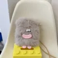 Cute plush crossbody phone bag with funny big lips design, mini fluffy winter shoulder bag. - Khaki