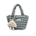 Gray pleated bubble handbag for women, cute textured tote bag with plush pendant and handles. - Single Bag / Blue