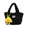 Black bubble pleated handbag with cute yellow plush pendant, stylish casual daily shoulder bag. - Single Bag / Black