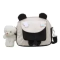 Cute black and white canvas crossbody bag for women, sweet student messenger bag with bear ears. - Off White