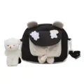 Cute color-block messenger bag with bear ears and plush pendant, casual student crossbody bag. - Black