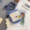Cute Japanese canvas crossbody bag with cute bear pendant and blue white design for daily use. - Blue