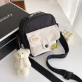 Canvas crossbody bag for women casual black white shoulder bag with cute bear pendant - Black