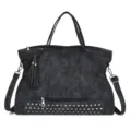 Black vintage PU leather shoulder bag detail with metal studs, tassels and front zipper pocket. - Black