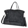 Close-up detail of dark grey PU leather tote bag featuring metal studs and zipper. - Black