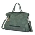 Green PU leather rivet tote bag detail view, retro style shoulder handbag with tassel. - Green
