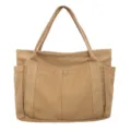 Borsa shopper in tela vista dettaglio, borsa a mano kaki casual con tasche frontali capiente. - Kaki
