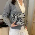 Floral cosmetic bag large capacity portable makeup pouch for daily use travel and storage - Silver Large Flower