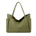 Minimalist green canvas tote bag for women, large capacity daily shoulder handbag with pockets. - Army Green