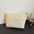 French early autumn distressed linen cosmetic bag, portable travel storage toiletry bag for women. - Off White