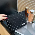 Black linen distressed polka dot cosmetic bag, portable travel toiletry storage pouch. - Black