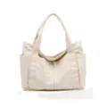 Borsa shopper in tela beige, grande borsa a spalla capiente per donna e comoda borsa da studente. - Bianco