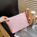 Pink frayed canvas cosmetic pouch travel makeup wash bag for women daily storage use. - Pink