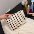 Canvas polka dot cosmetic bag portable makeup pouch travel zipper storage organizer handbag. - Polka Dot Cream White