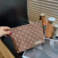 Brown frayed linen makeup bag portable travel cosmetic pouch stylish toiletry storage bag - Brown