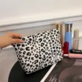 Black white leopard cosmetic bag, portable travel makeup pouch, large capacity organizer. - Leopard White