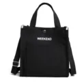 Black canvas tote bag with letter print, casual student crossbody shoulder bag for daily use. - Black