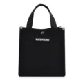 Black canvas tote bag for women, Japanese style casual handbag with front pocket and sturdy handles. - Black