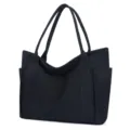 Black canvas tote bag with large capacity, dual shoulder handles and convenient side pockets. - Black