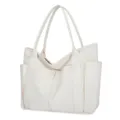 Detailed view of large capacity canvas tote bag with multi-pockets and sturdy handles. - Off White